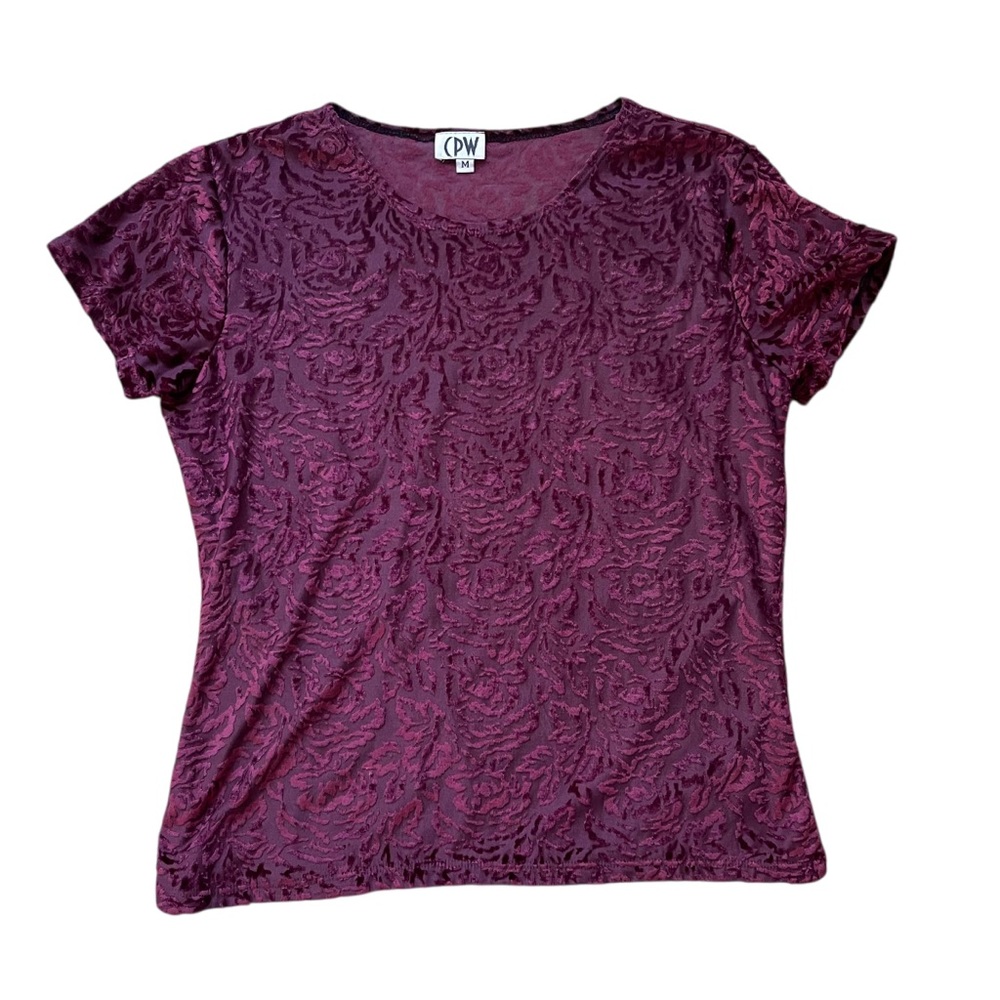 🌹 Vintage 90s Maroon Velvet Floral Sheer Short Sleeve Top Medium Y2K